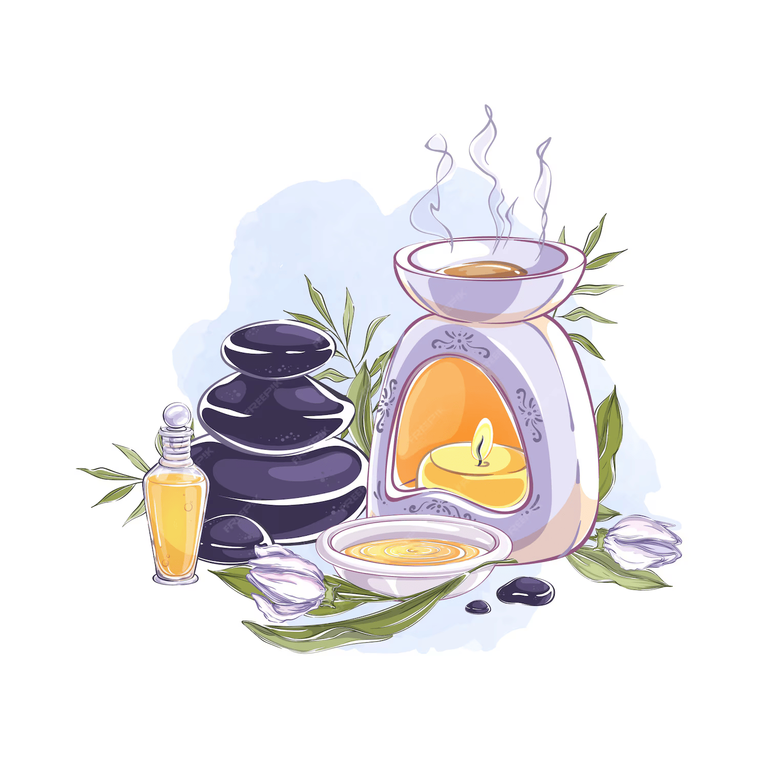 composition with aroma lamp essential oil stones aromatic flowers 69317 574